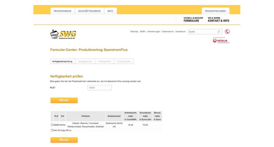 Screenshot vom Formularcenter für die Stadtwerke Görlitz