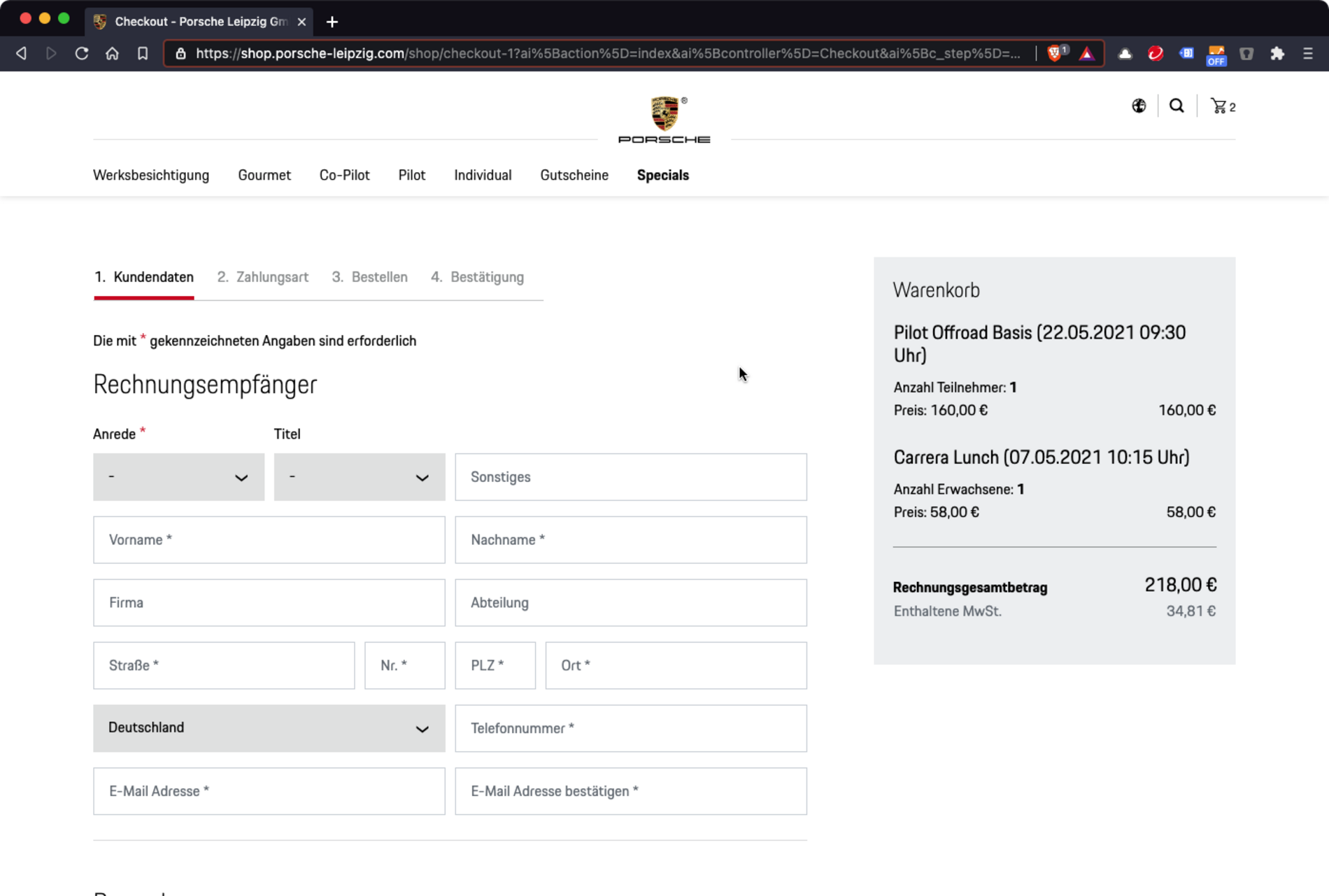 Screenshot des Checkout Prozesses auf der Porsche Leipzig Website.
