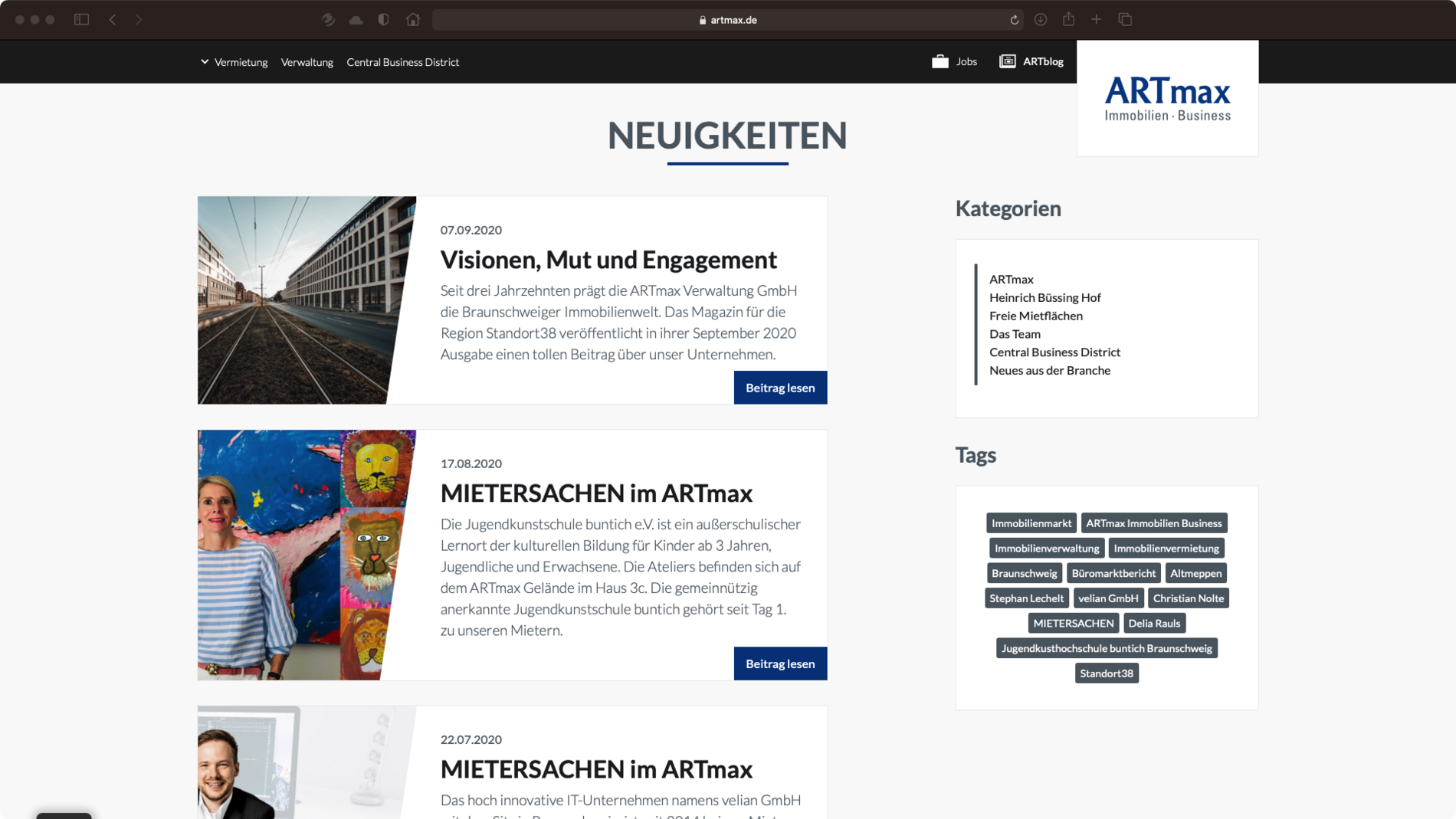 Screenshot des Blogs der Artmax Website.