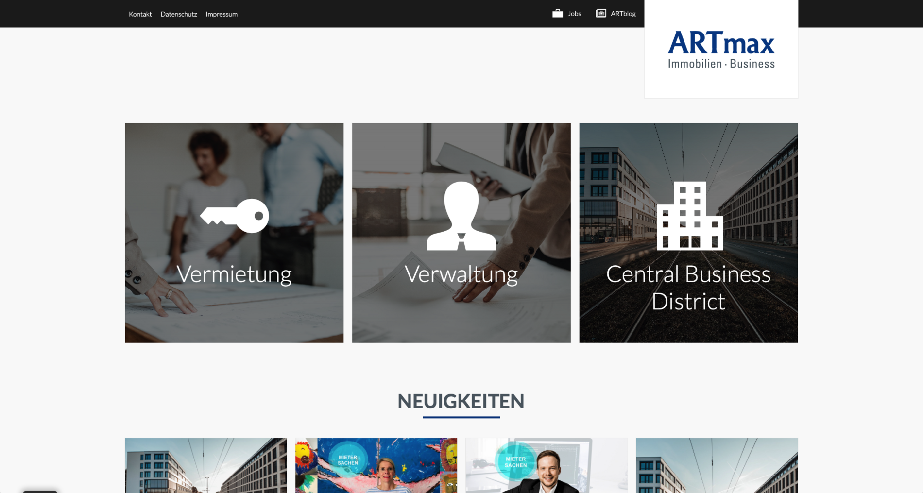 Screenshot der Startseite der Artmax Website.