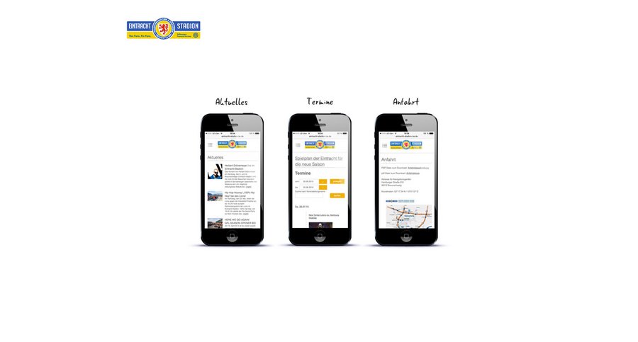 Darstellung von drei mobilen Seiten des Eintracht Stadions auf dem iPhone