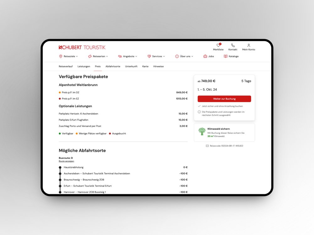 Screenshot der Preisübersicht auf der Detailseite einer Reise auf einem Tablet.