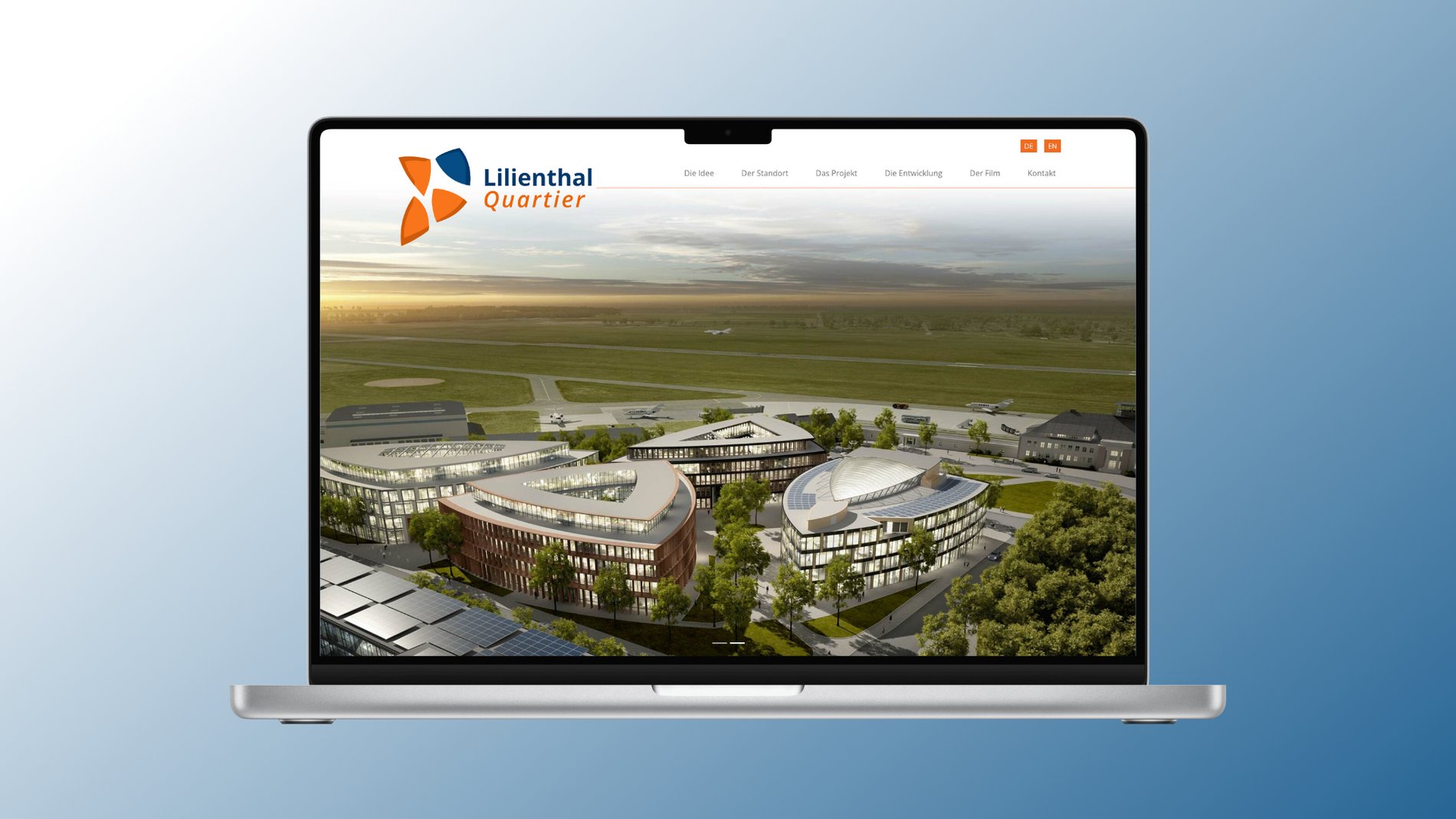 Ein Laptop, auf dem die Starseite des Lilienthalquartiers zu sehen ist.