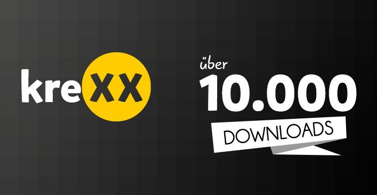 Dunkler Farbverlaufshintergrund mit dem Text „kreXX“ in Weiß mit einem gelben Doppel-X und „über 10.000 DOWNLOADS“ in Weiß zur Feier von über 10.000 Downloads.