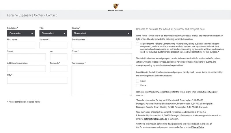 Screenshot des Anmeldeformulars im Porsche Experience Center