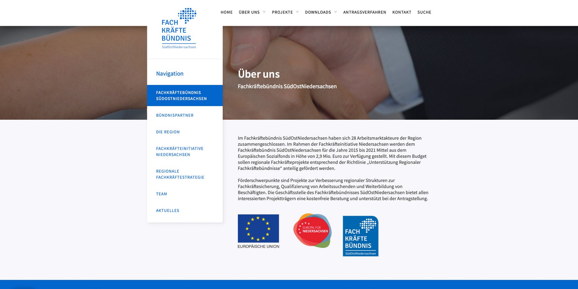 Screenshot der Über uns Seite der Fachkräftebündnis SüdOstNiedersachsen Website.