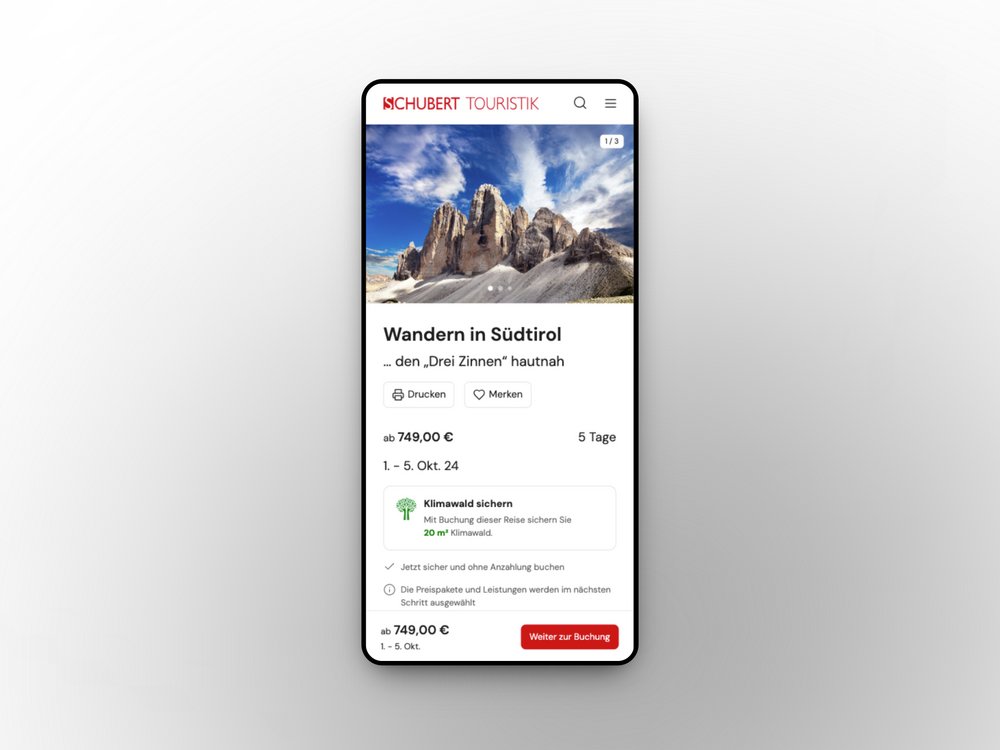 Screenshot eines Smartphones, der die Detailansicht einer Reise zeigt.