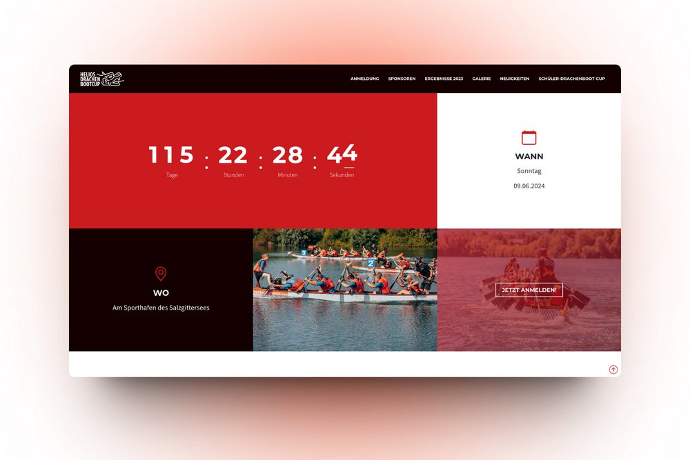 Screenshot der Startseite vom Drachenbootcup, mit Kacheln die einen Live-Countdown, Bilder und wichtige Informationen zeigen.