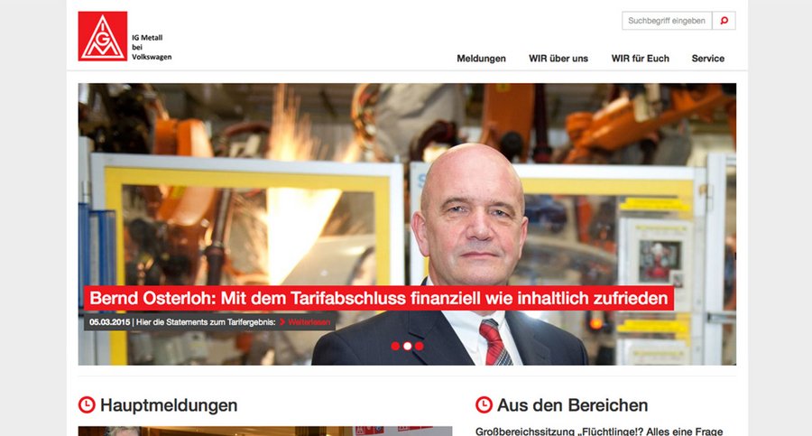 Screenshot der Startseite auf der neuen Website der IG Metall bei Volkswagen