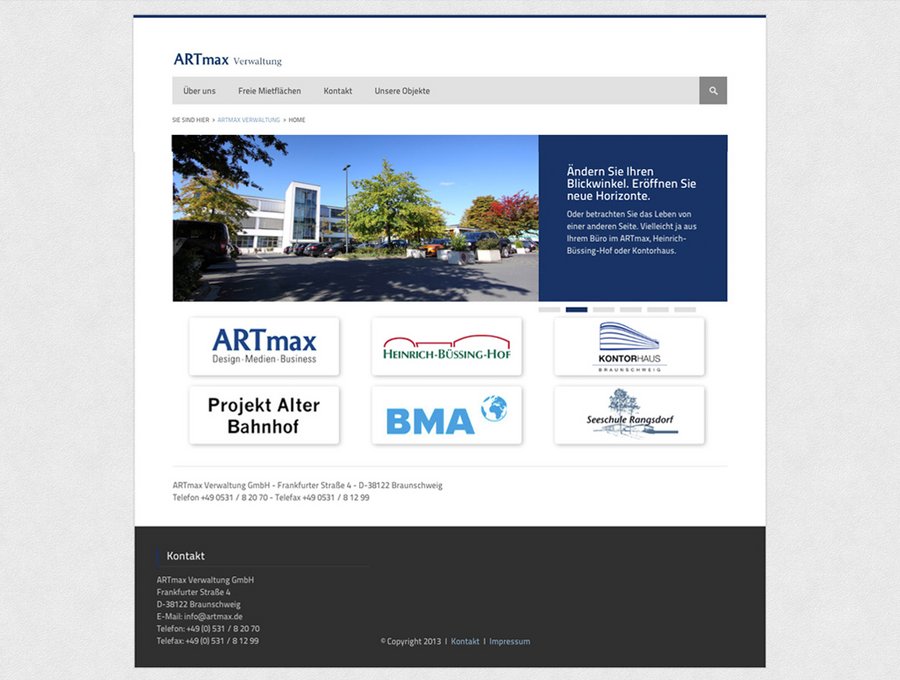 Screenshot 1 von der Startseite des Immobilienportals für die ARTmax Verwaltung