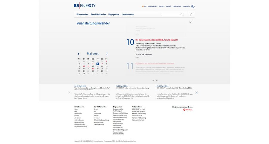 Screenshot der Startseite von der neuen Internetpräsenz des Braunschweiger Energieversorgungsunternehmens BS|ENERGY