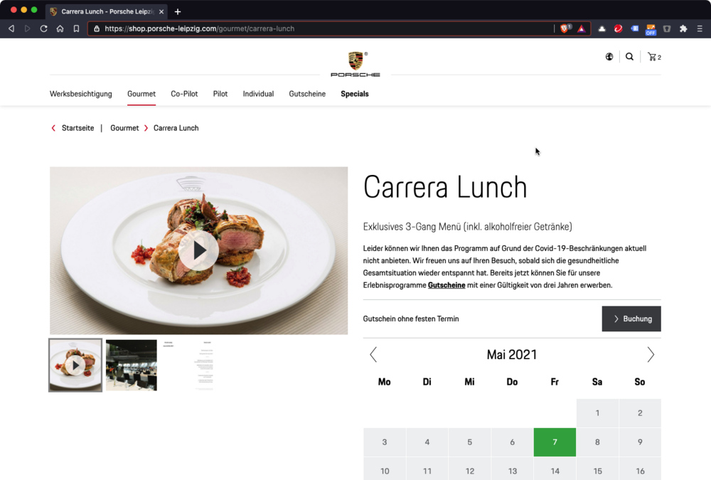 Screenshot der Buchungsseite eines Events auf der Porsche Leipzig Website.