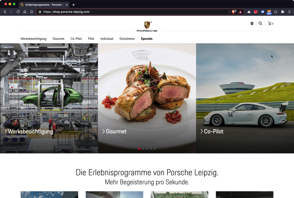 Screenshot der Startseite der Porsche Leipzig Website.