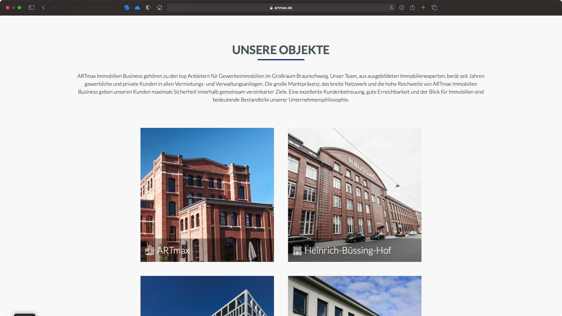 Screenshot der Objektübersichtsseite der Artmax Website.