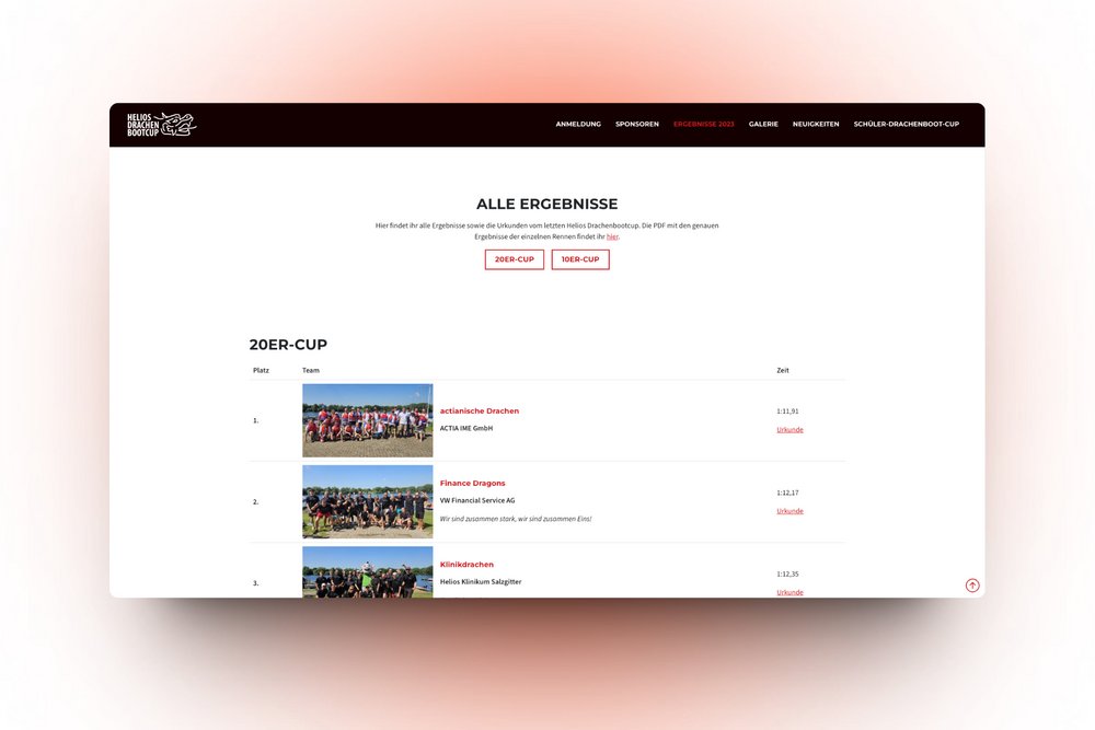 Screenshot der Ergebnis Tabelle der Drachenbootcup Website.